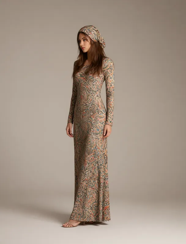long sleeve maxi dress with a headscarf by qwen image 2.1