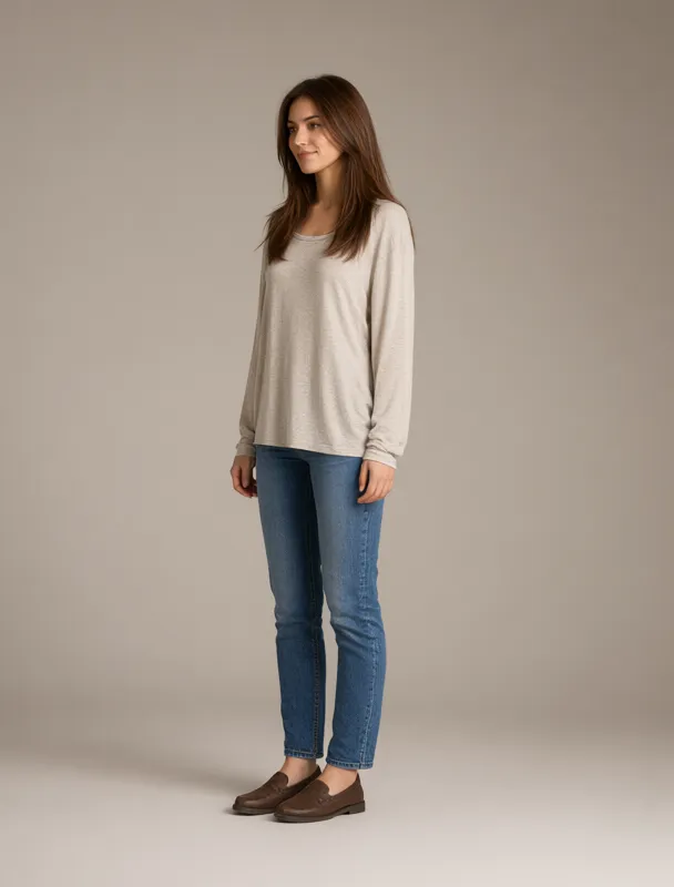 long sleeve tunic top with jeans by qwen image 2.1