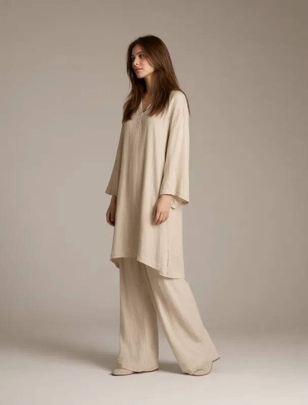 long tunic over wide trousers by qwen image 2.1