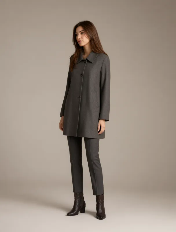 manteau tunic coat with slim trousers by qwen image 2.1