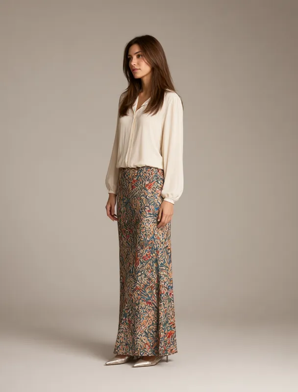 maxi skirt with a fitted blouse by qwen image 2.1