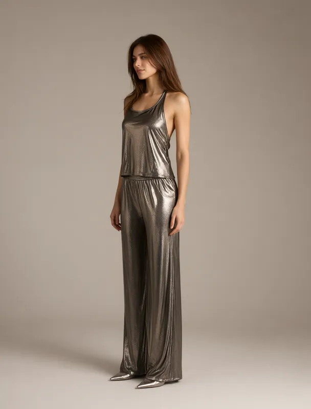 metallic halter top with wide leg pants by qwen image 2.1