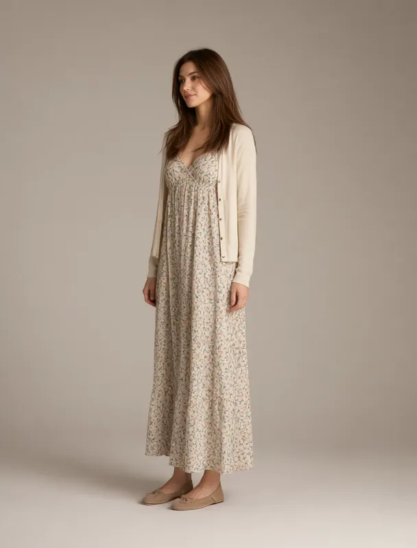 modest maxi dress with a cardigan by qwen image 2.1