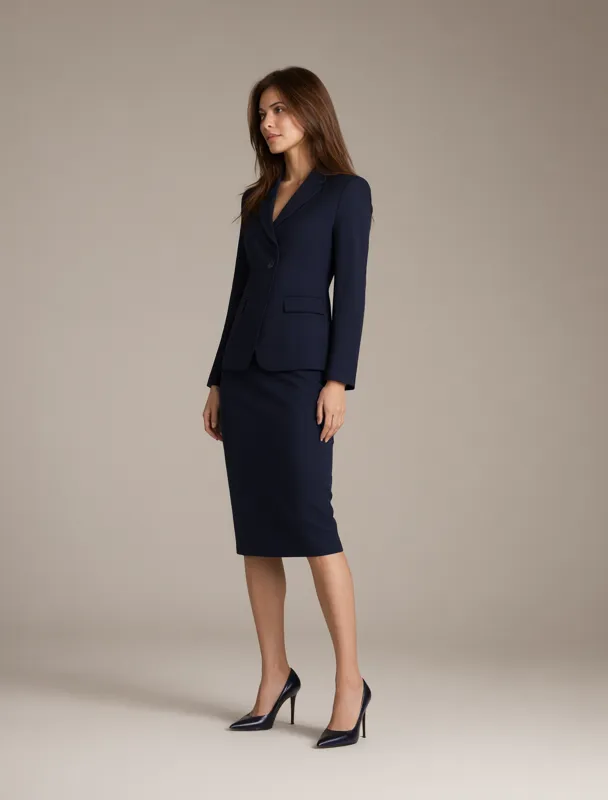 navy skirt suit with pumps by qwen image 2.1