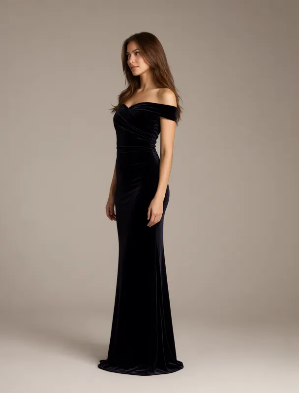 off shoulder velvet evening gown by qwen image 2.1