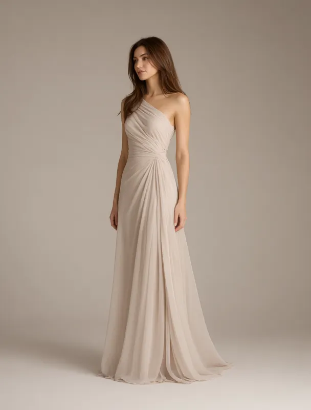 one shoulder chiffon gown by qwen image 2.1