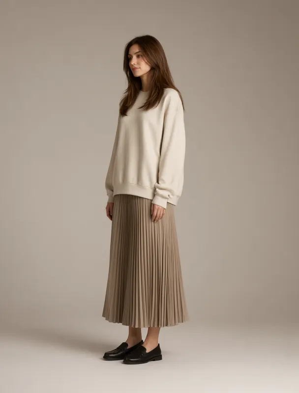 oversized sweatshirt with a long pleated skirt by qwen image 2.1