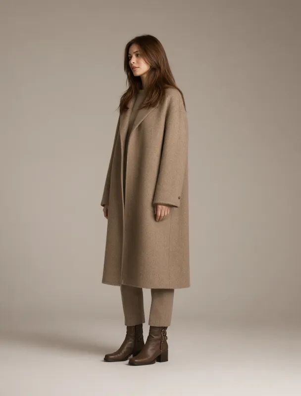 oversized wool coat with a minimal knit by qwen image 2.1