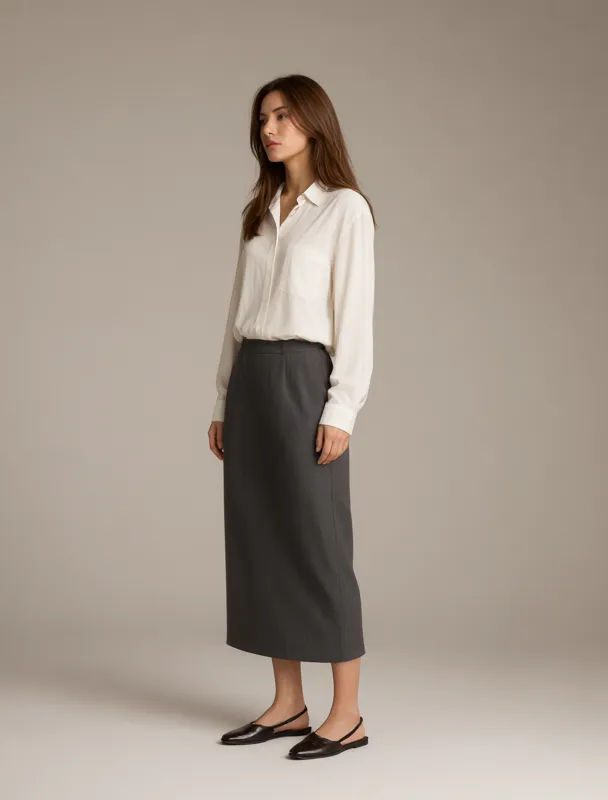oxford shirt with a midi skirt by qwen image 2.1