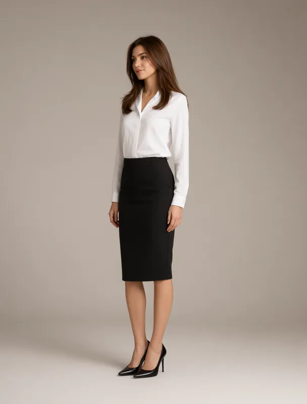 pencil skirt with a crisp white shirt by qwen image 2.1