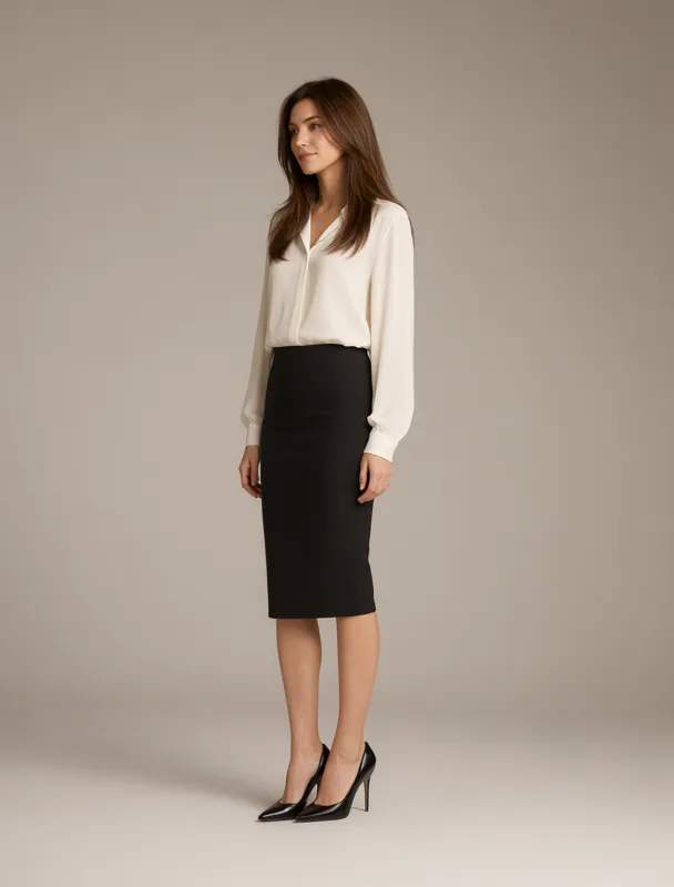 pencil skirt with a tucked blouse by qwen image 2.1