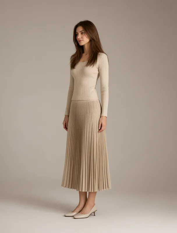 pleated midi skirt with a knit top by qwen image 2.1