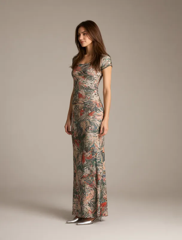printed maxi skirt with a fitted tee by qwen image 2.1