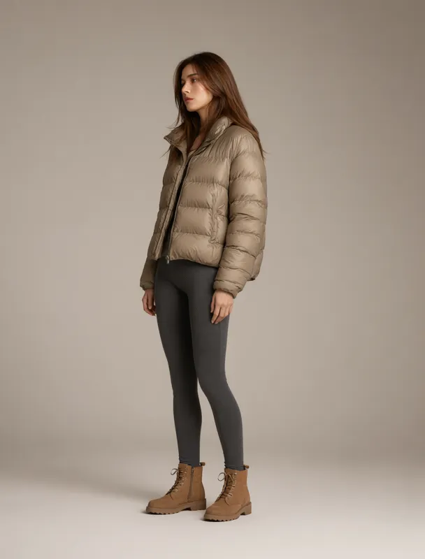 puffer jacket over wool leggings by qwen image 2.1