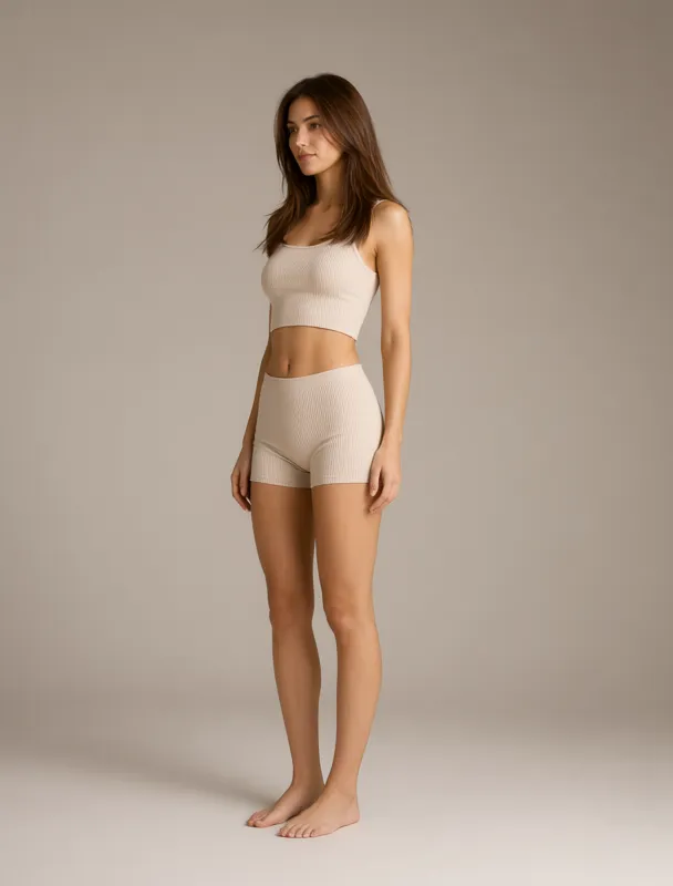 ribbed crop top with lounge shorts by qwen image 2.1