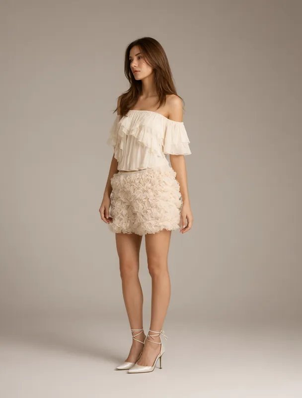 ruffled merengue skirt with off shoulder blouse by qwen image 2.1