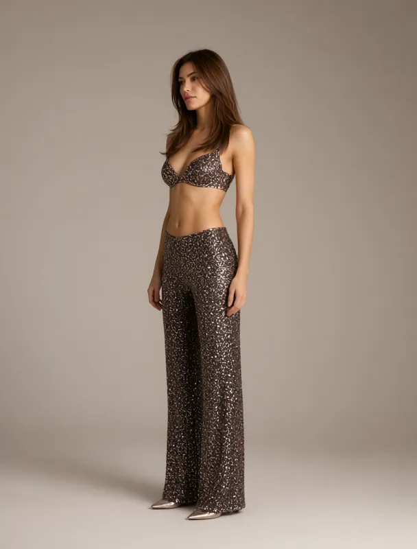 sequined bralette with wide leg pants by qwen image 2.1