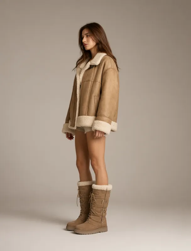 shearling lined coat with knee high snow boots by qwen image 2.1