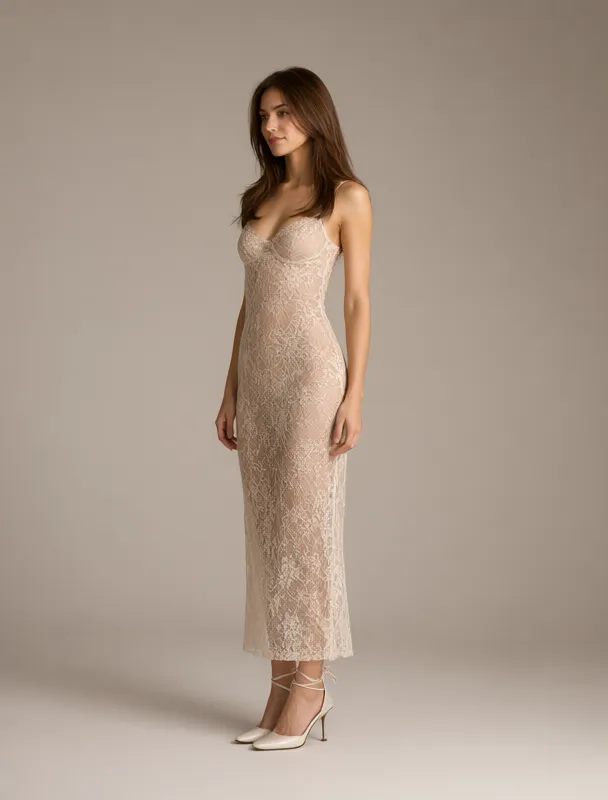 sheer lace slip dress over a bralette by qwen image 2.1