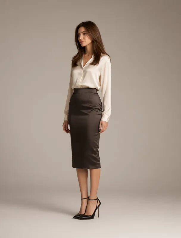 silk blouse with a pencil skirt by qwen image 2.1