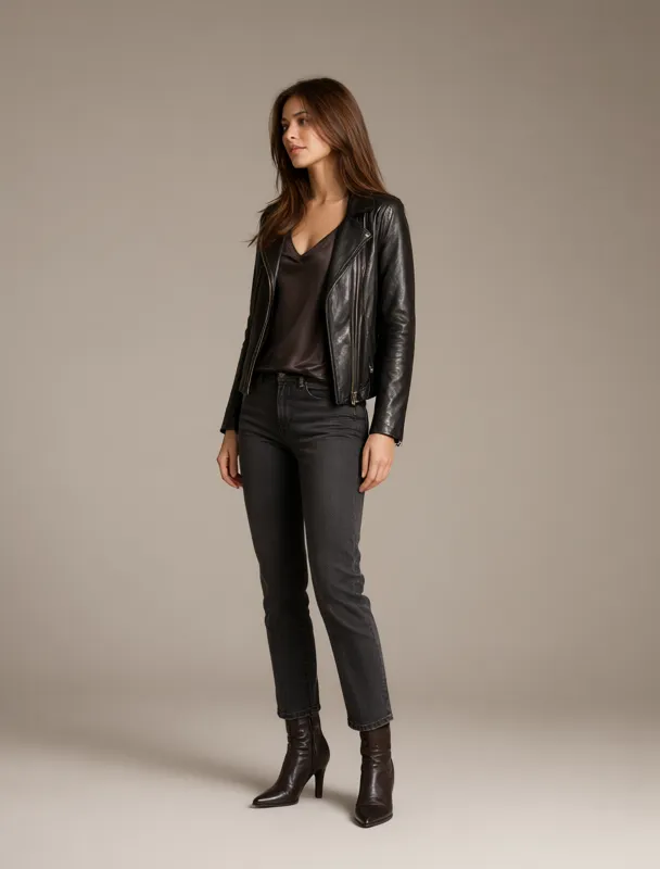 silk camisole with a leather jacket by qwen image 2.1