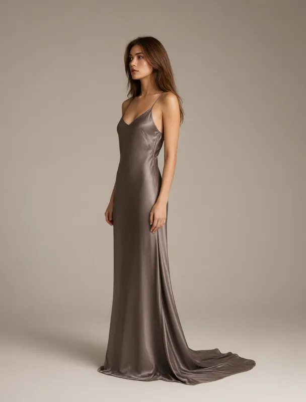 silk slip gown with a long train by qwen image 2.1