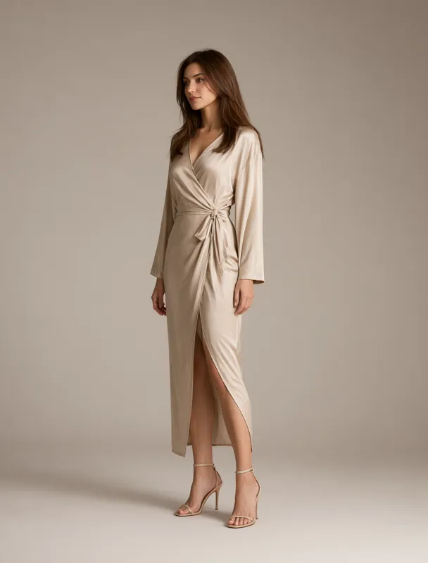 silk wrap dress with strappy heels by qwen image 2.1