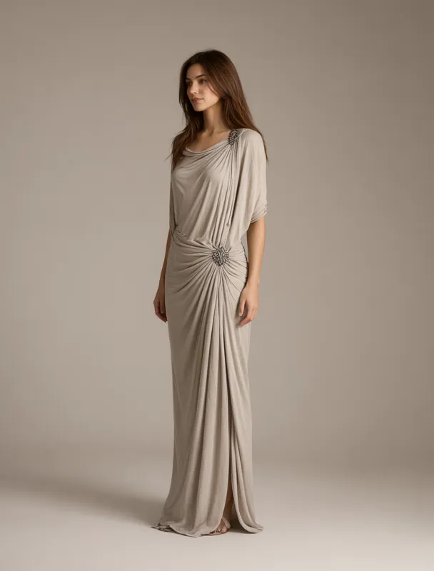 tamelhaft draped dress with silver fibula brooches by qwen image 2.1