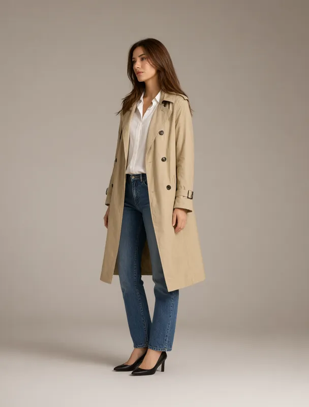 trench coat with a white shirt and jeans by qwen image 2.1