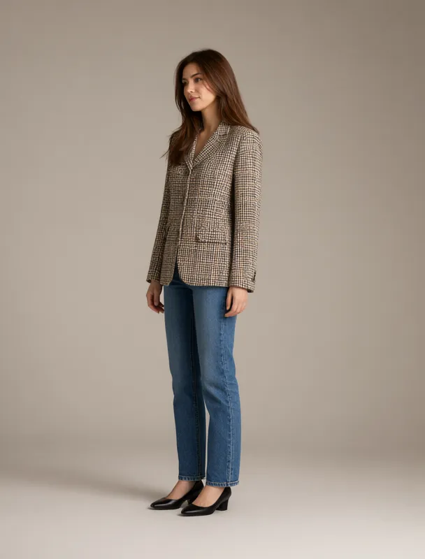 tweed blazer with straight jeans by qwen image 2.1
