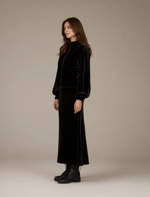 velvet kamzol vest over long dress by qwen image 2.1