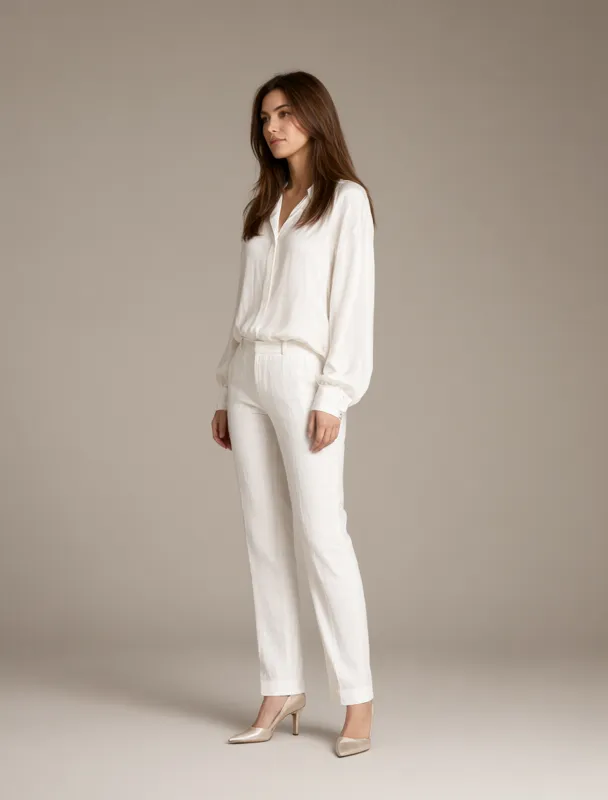 white linen trousers with a silk blouse by qwen image 2.1