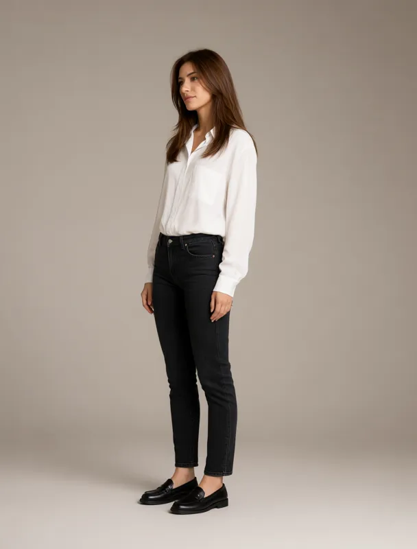 white shirt with dark jeans and loafers by qwen image 2.1