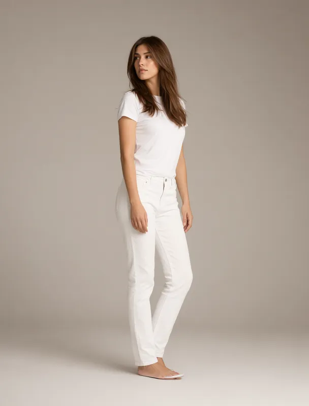 white tee with mom jeans by qwen image 2.1