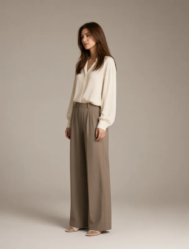 wide leg slacks with a tucked in blouse by qwen image 2.1