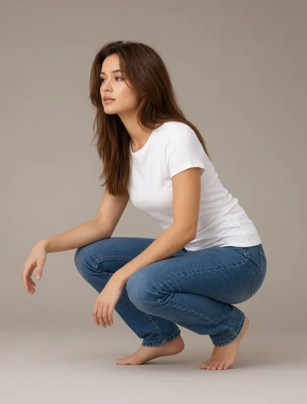 in a deep squat with her heels flat on the floor by qwen image 2.1
