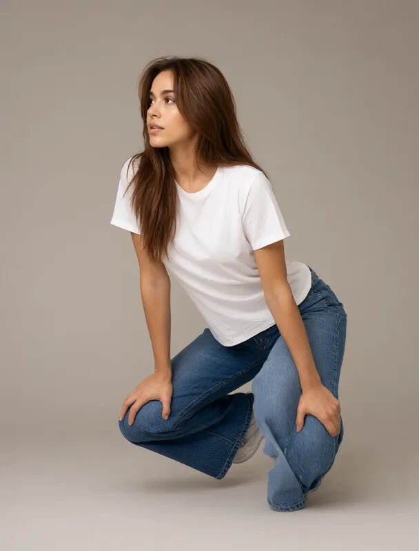 in a half squat with her hands on her thighs by qwen image 2.1