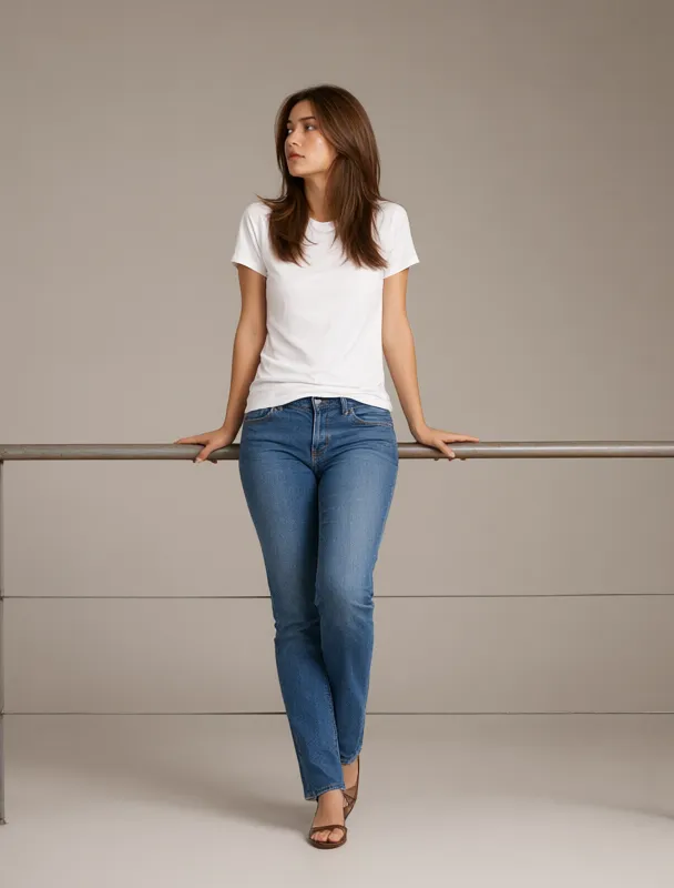 leaning back against a waist high railing holding it behind her with both hands by qwen image 2.1