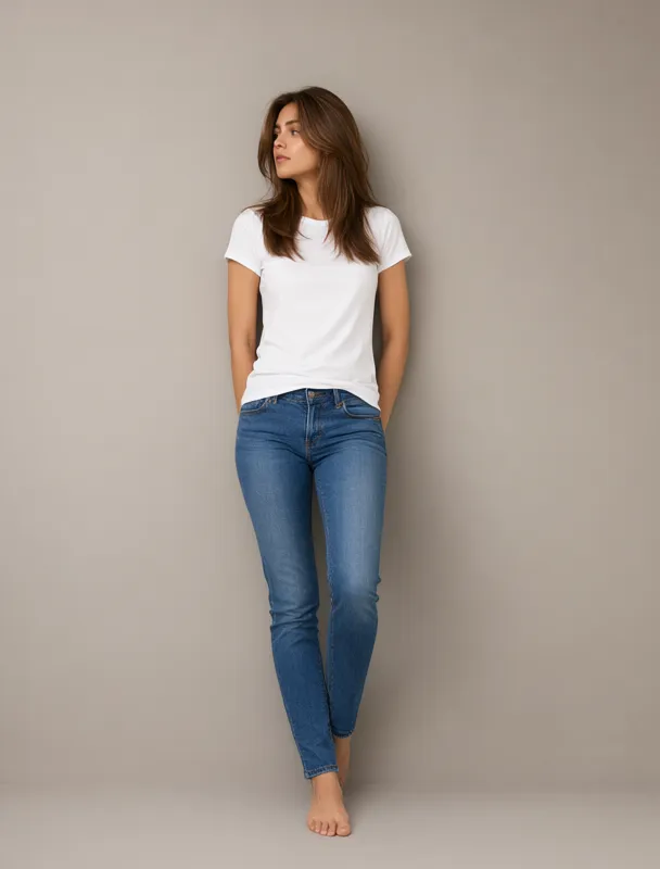 leaning back against a wall with her hands tucked behind her by qwen image 2.1