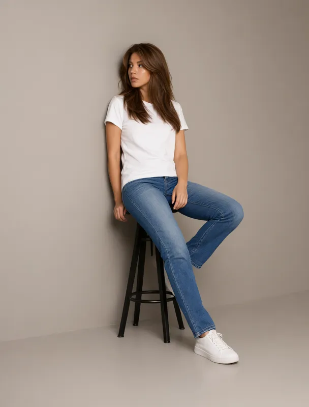 perched on a tall stool leaning back against a wall by qwen image 2.1