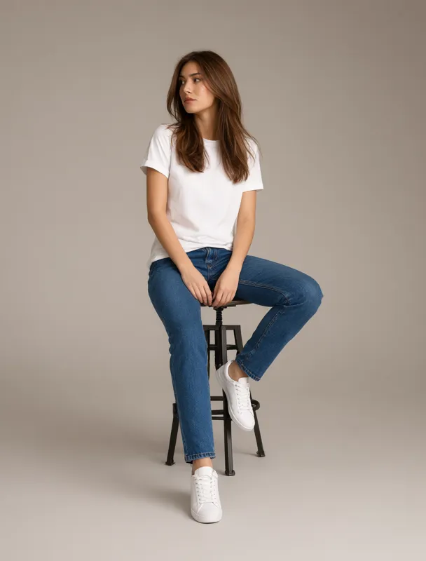 perched on the edge of a stool with one foot on the rung by qwen image 2.1