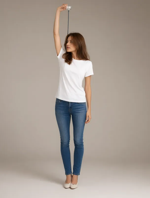 reaching up with her arm fully stretched to hold a high handle by qwen image 2.1