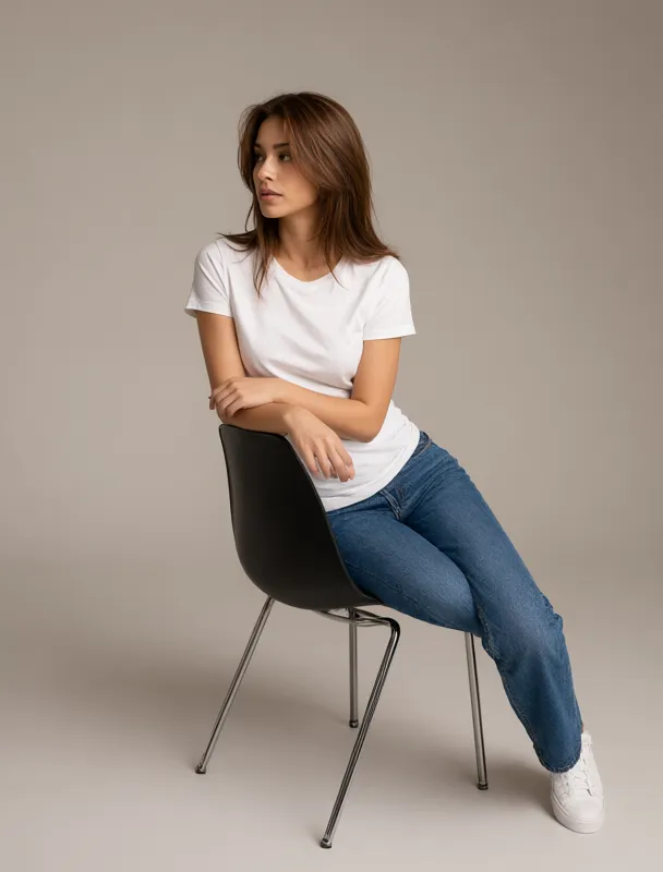sitting backwards on a chair with her arms folded on the backrest by qwen image 2.1