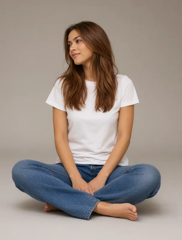 sitting cross legged on the floor by qwen image 2.1
