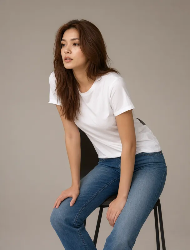 sitting on a chair leaning forward with her elbows on her knees by qwen image 2.1