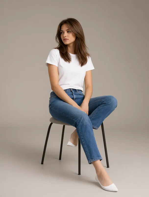 sitting on a chair with her legs crossed by qwen image 2.1