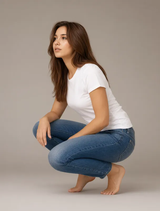 squatting on the balls of her feet with her heels raised by qwen image 2.1
