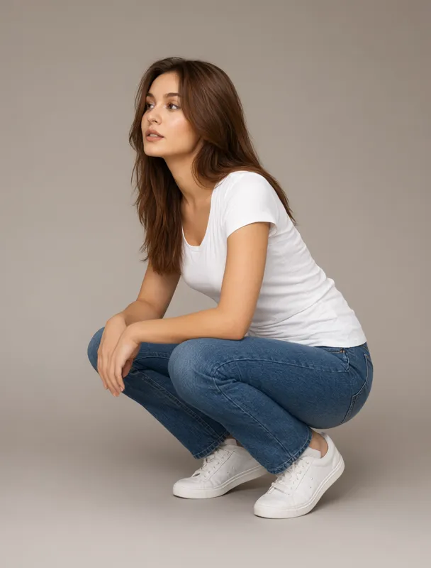 squatting with her forearms resting on her knees by qwen image 2.1