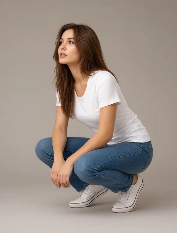 squatting with her hands clasped between her knees by qwen image 2.1