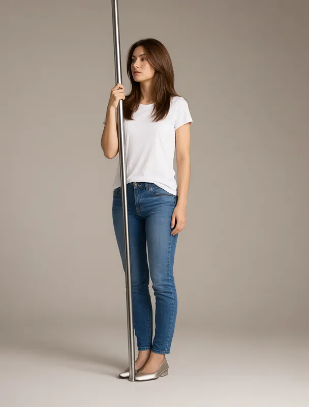 standing and gripping a vertical metal pole at shoulder height with one hand by qwen image 2.1